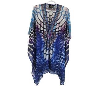 ASA Kaftan Tunic Top Blue Tie Dye Watercolor Jeweled Beaded Cover Up Boho Size S